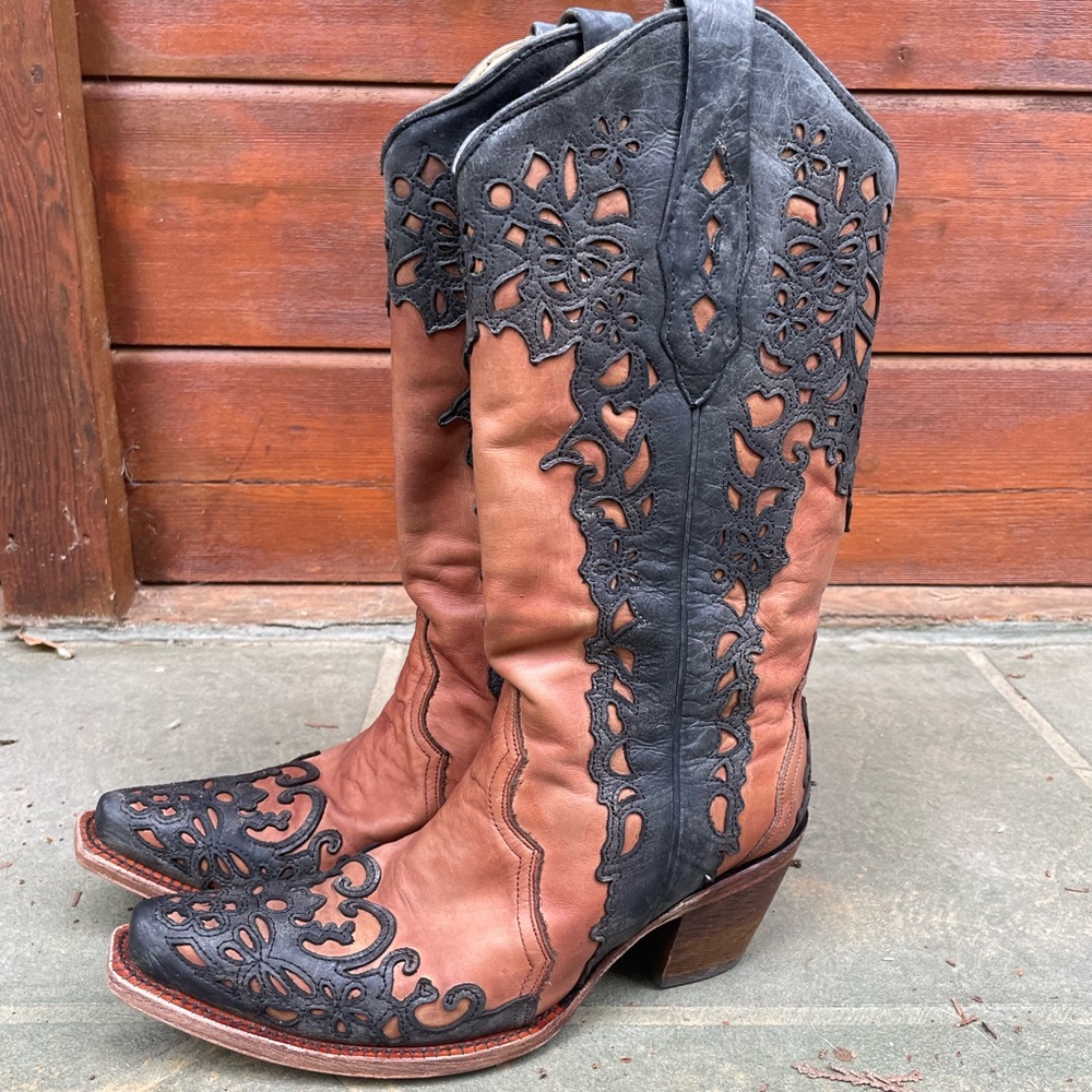 Corral Vintage Cowboy Boots Floral Overlay Brown Black